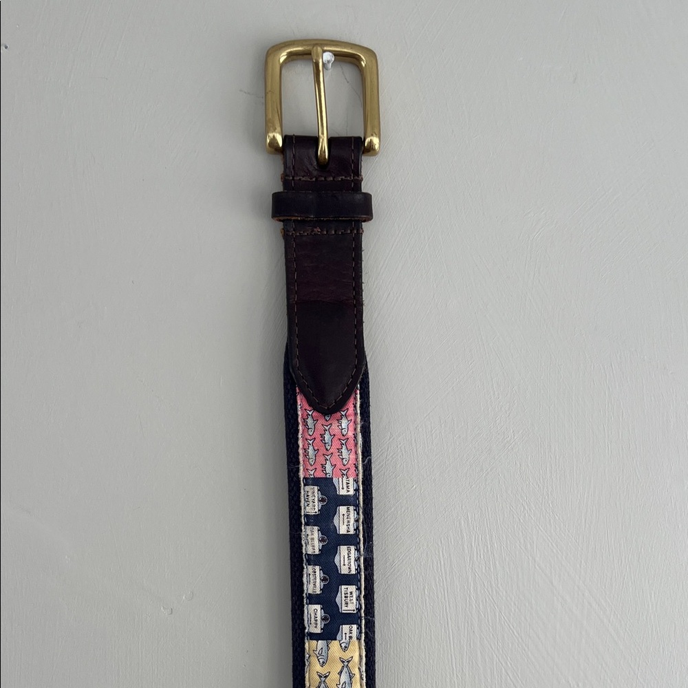 Vineyard Vines Brown Leather Belt with Blue Fabric and Colorful Brand Patchwork